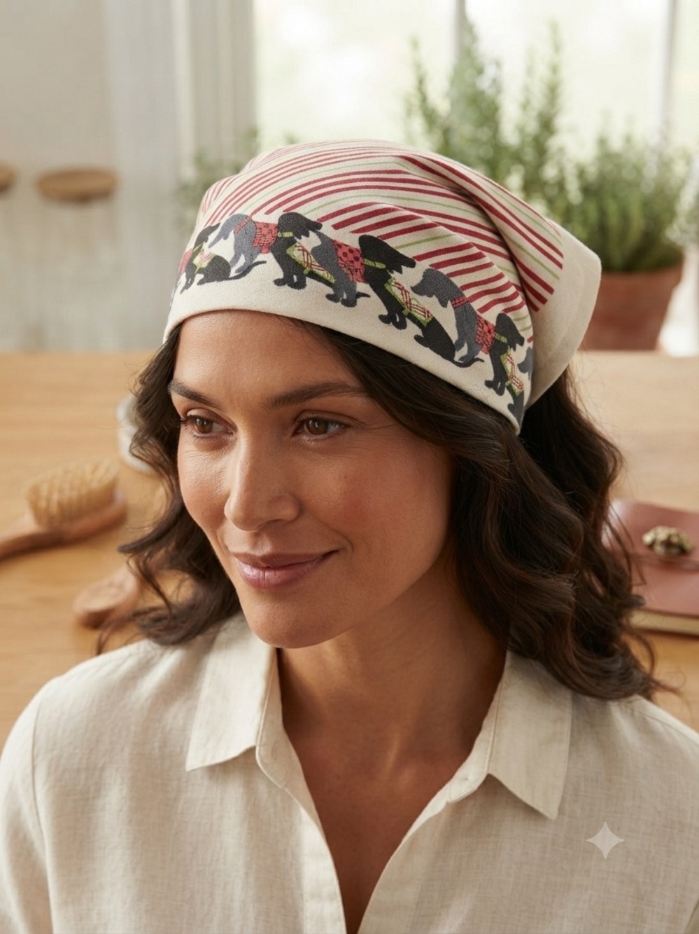 Burberry Ivory and Red Striped Headscarf with Dog Motif